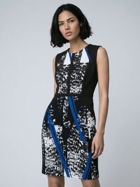 Kenneth Cole New York Black White & Royal Blue Graphic Midi Dress